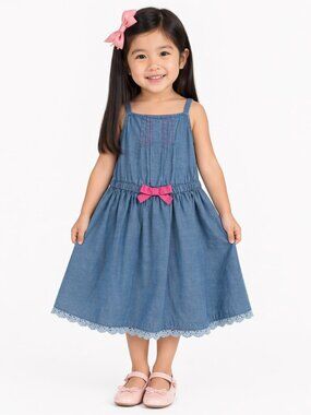 Cherokee Chambray Size 3T Sleeveless Dress Pink Bow Embroidery Ruffle Hem